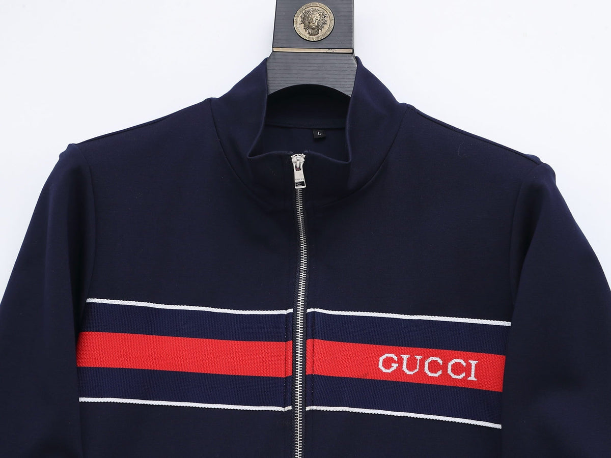 Gucci Web Stripe Tracksuit Set - Navy Blue Technical Knit Zip Jacket & Pants