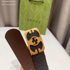 Gucci Signature Black Leather Belt with Cut-Out Gold Interlocking G Plaque Buckle