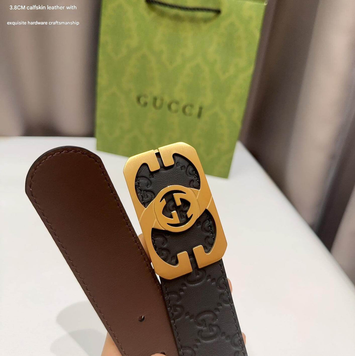 Gucci Signature Black Leather Belt with Cut-Out Gold Interlocking G Plaque Buckle