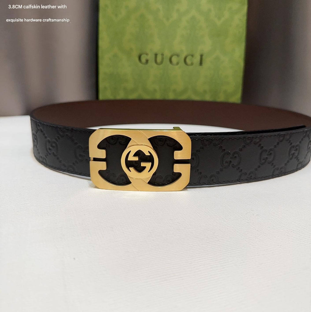 Gucci Signature Black Leather Belt with Cut-Out Gold Interlocking G Plaque Buckle