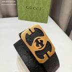 Gucci Signature Black Leather Belt with Cut-Out Gold Interlocking G Plaque Buckle