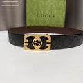 Gucci Signature Black Leather Belt with Cut-Out Gold Interlocking G Plaque Buckle