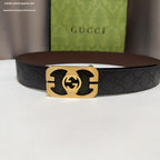 Gucci Signature Black Leather Belt with Cut-Out Gold Interlocking G Plaque Buckle