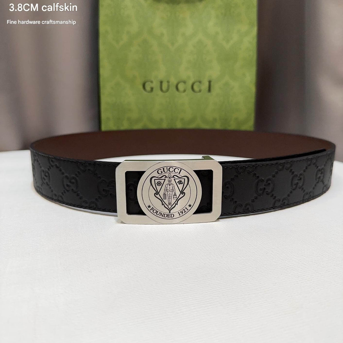 Gucci Signature Black Leather Belt with Silver-Tone Gucci Crest Plaque Buckle