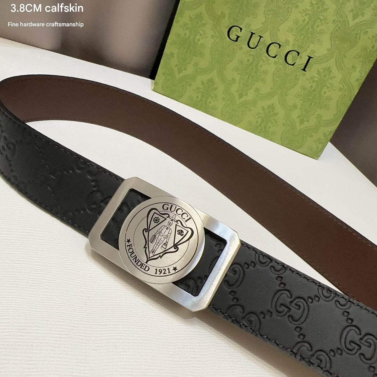 Gucci Signature Black Leather Belt with Silver-Tone Gucci Crest Plaque Buckle