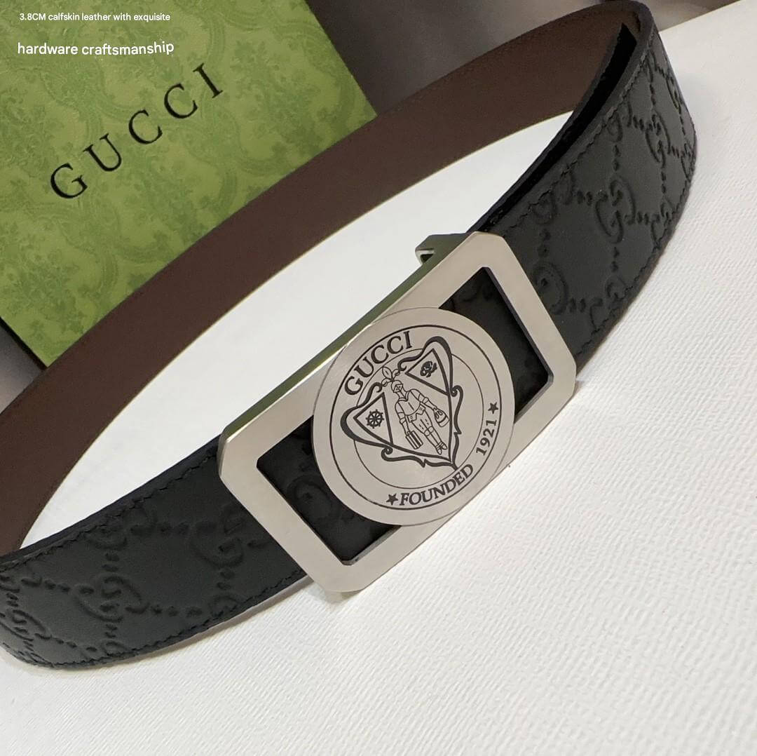 Gucci Signature Black Leather Belt with Silver-Tone Gucci Crest Plaque Buckle