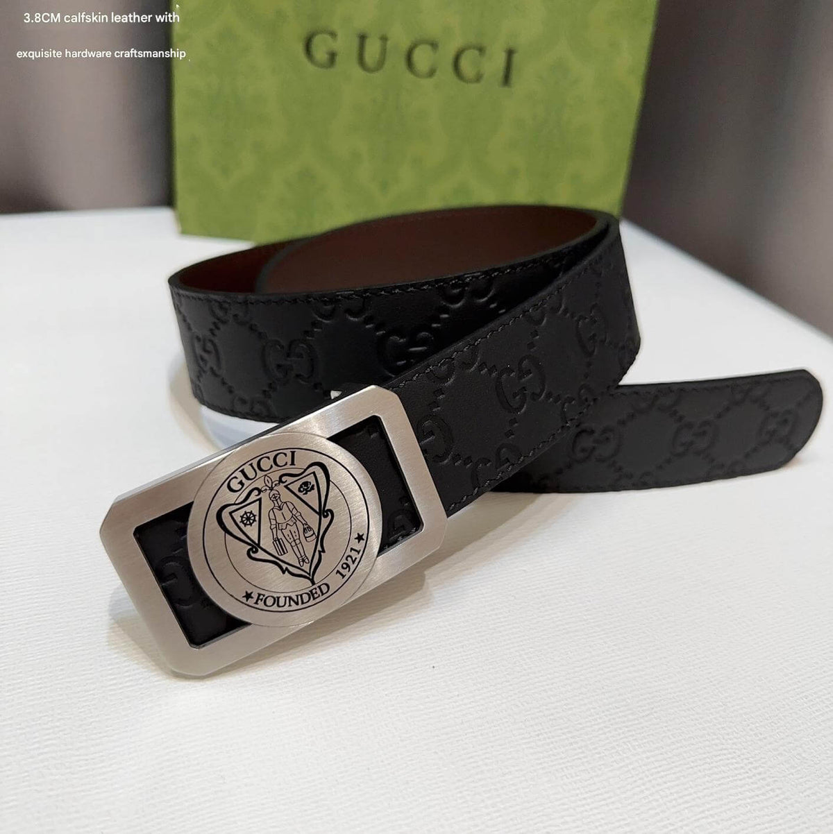 Gucci Signature Black Leather Belt with Silver-Tone Gucci Crest Plaque Buckle