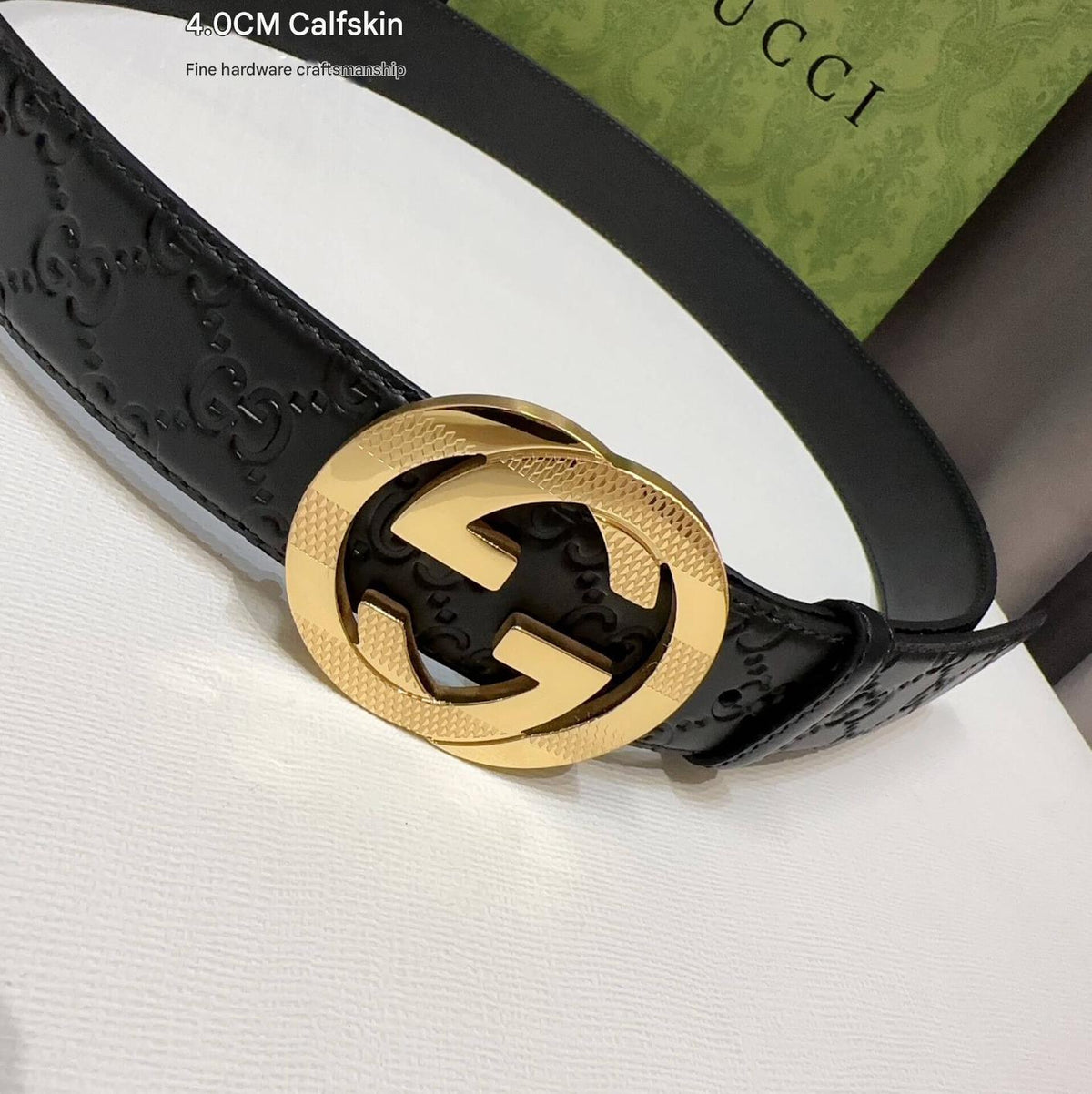 Gucci Signature Black Leather Belt with Textured Gold Interlocking G Buckle
