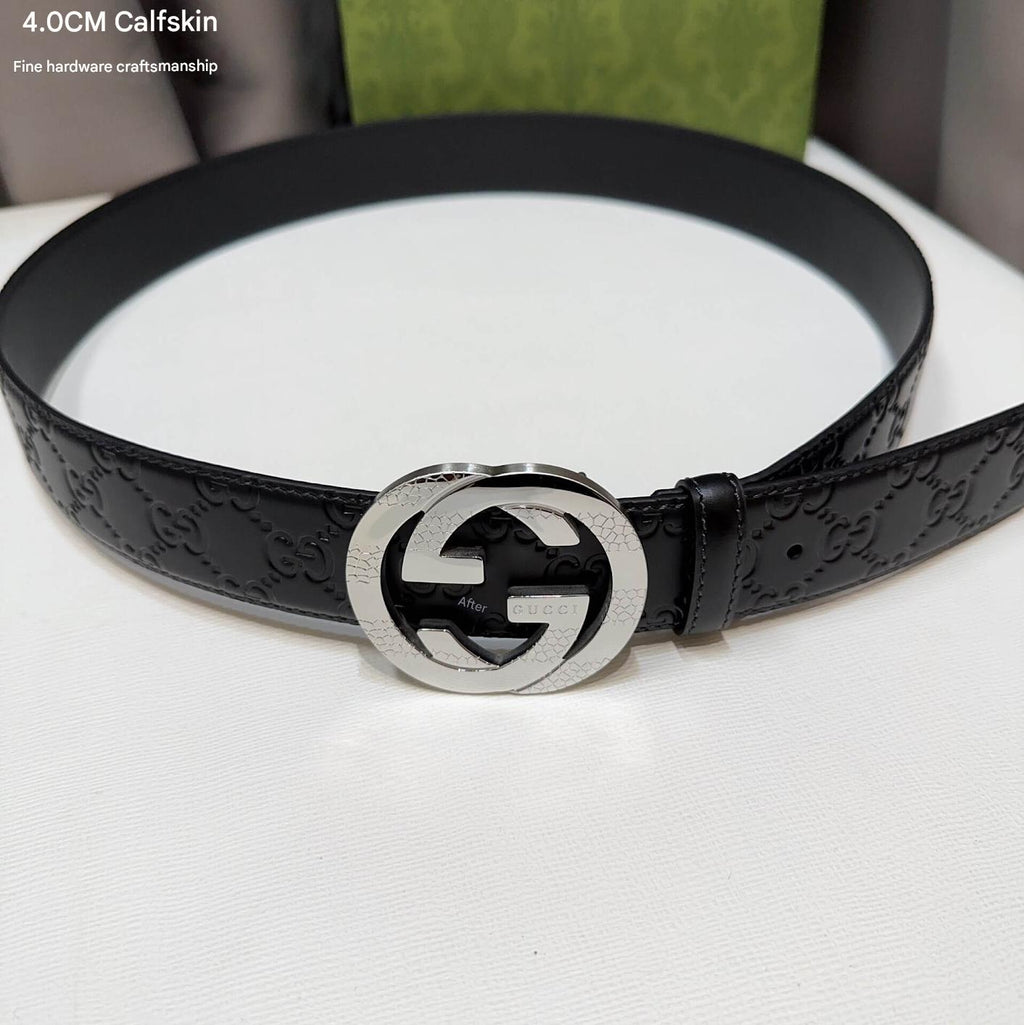 Gucci Signature Black Leather Belt with Textured Silver Interlocking G Buckle