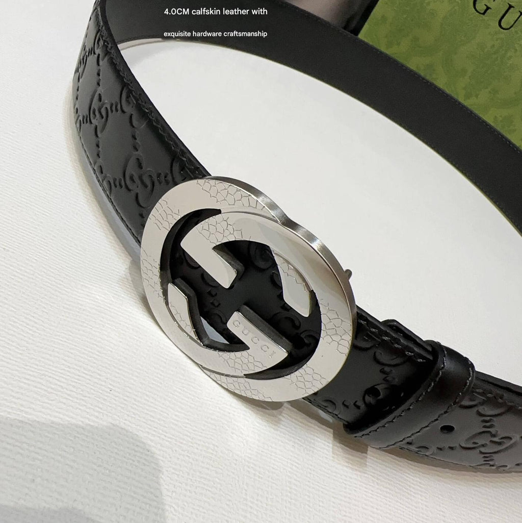 Gucci Signature Black Leather Belt with Textured Silver Interlocking G Buckle
