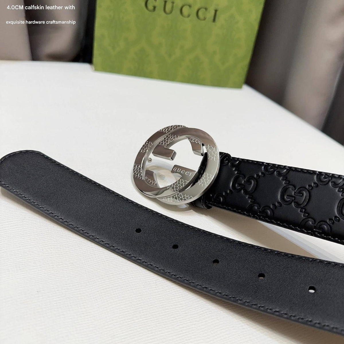 Gucci Signature Black Leather Belt with Textured Silver Interlocking G Buckle