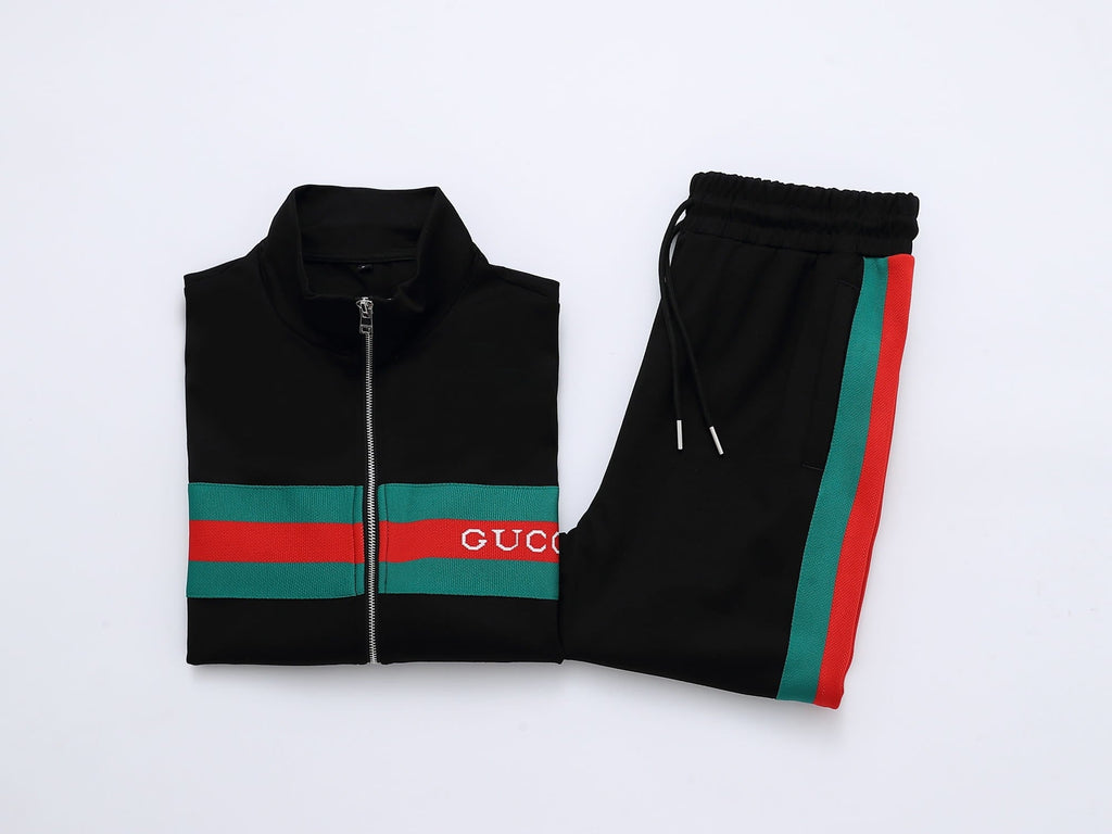 Gucci Web Stripe Tracksuit Set - Black Technical Knit Zip Jacket & Pants
