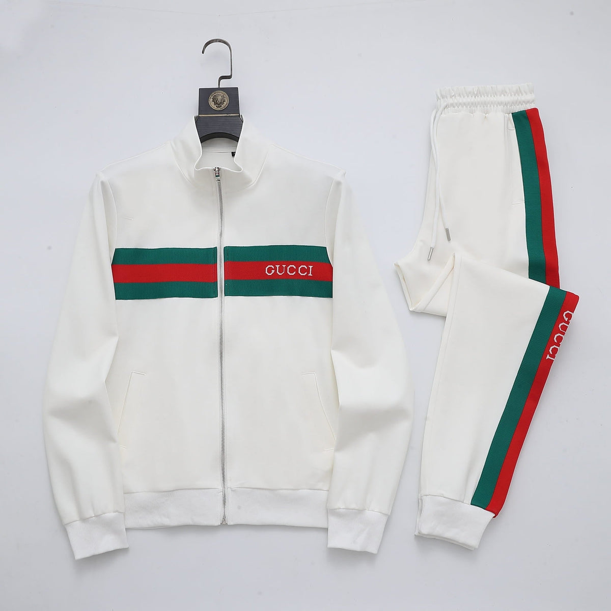 Gucci Web Stripe Tracksuit Set - White Technical Knit Zip Jacket & Pants