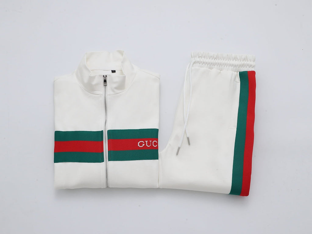 Gucci Web Stripe Tracksuit Set - White Technical Knit Zip Jacket & Pants
