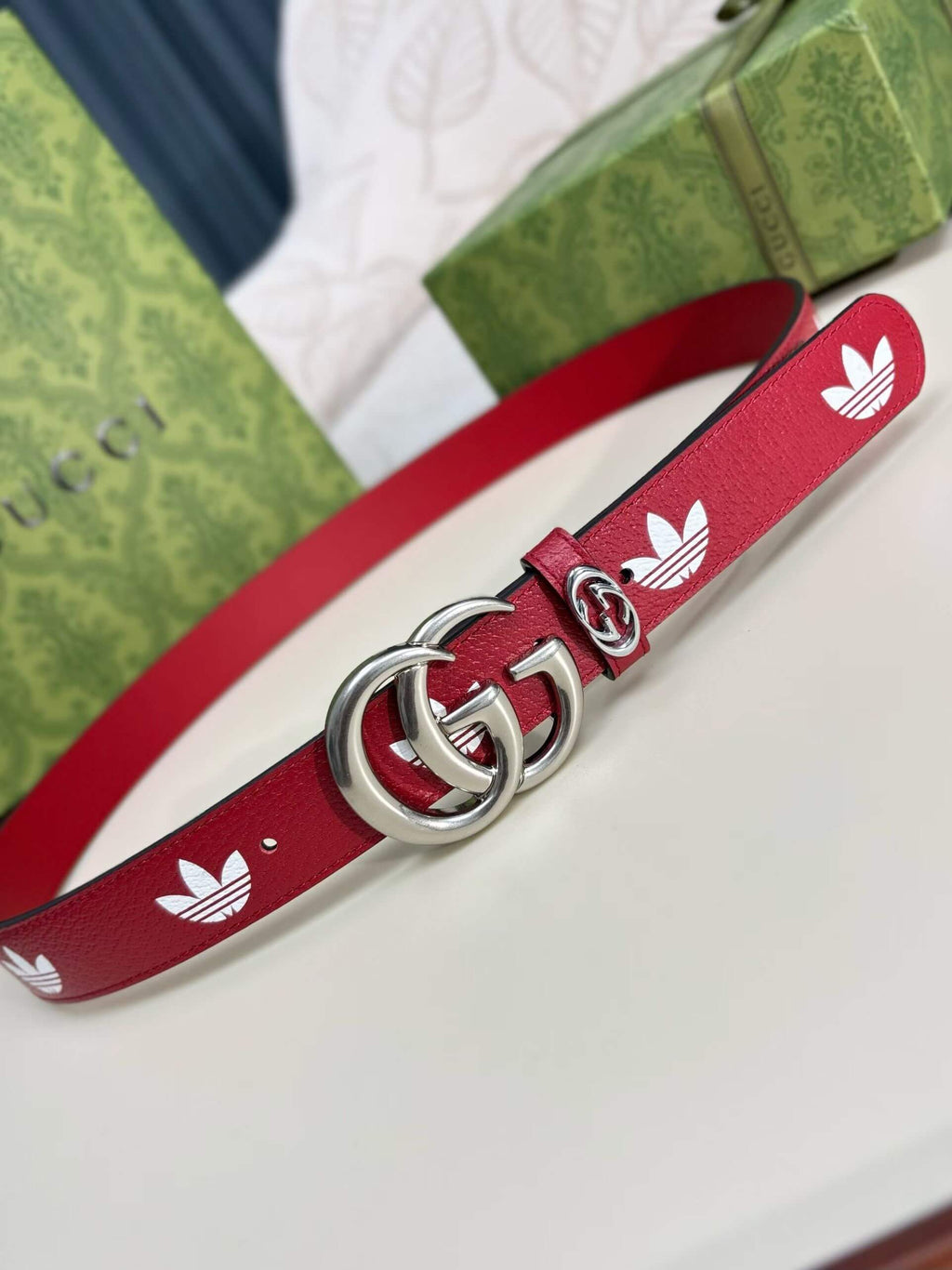 Gucci x adidas Women's GG Marmont Belt in Red/White with Gold-tone Buckle