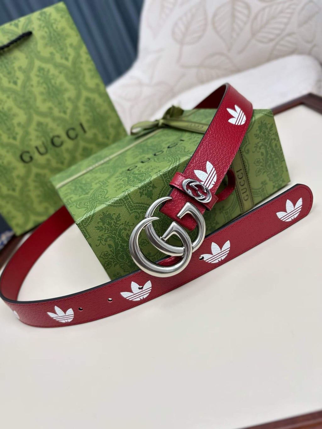 Gucci x adidas Women's GG Marmont Belt in Red/White with Gold-tone Buckle