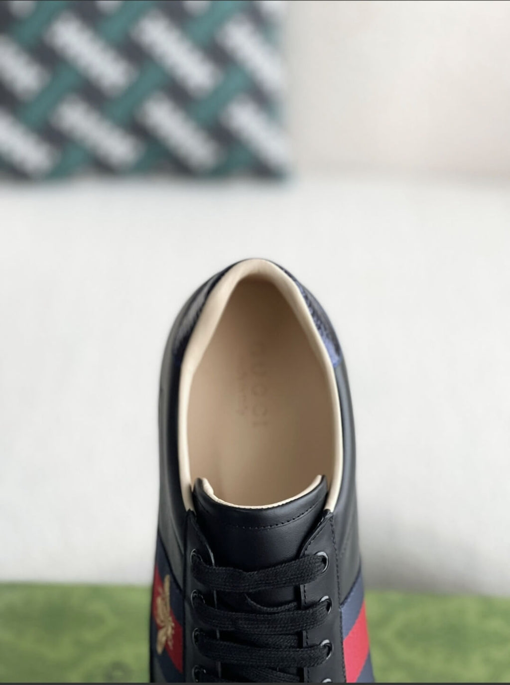 Gucci Ace Sneaker Black Leather with Web Stripe and Bee Embroidery