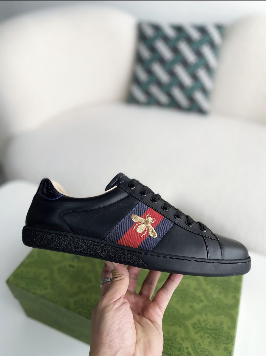 Gucci Ace Sneaker Black Leather with Web Stripe and Bee Embroidery