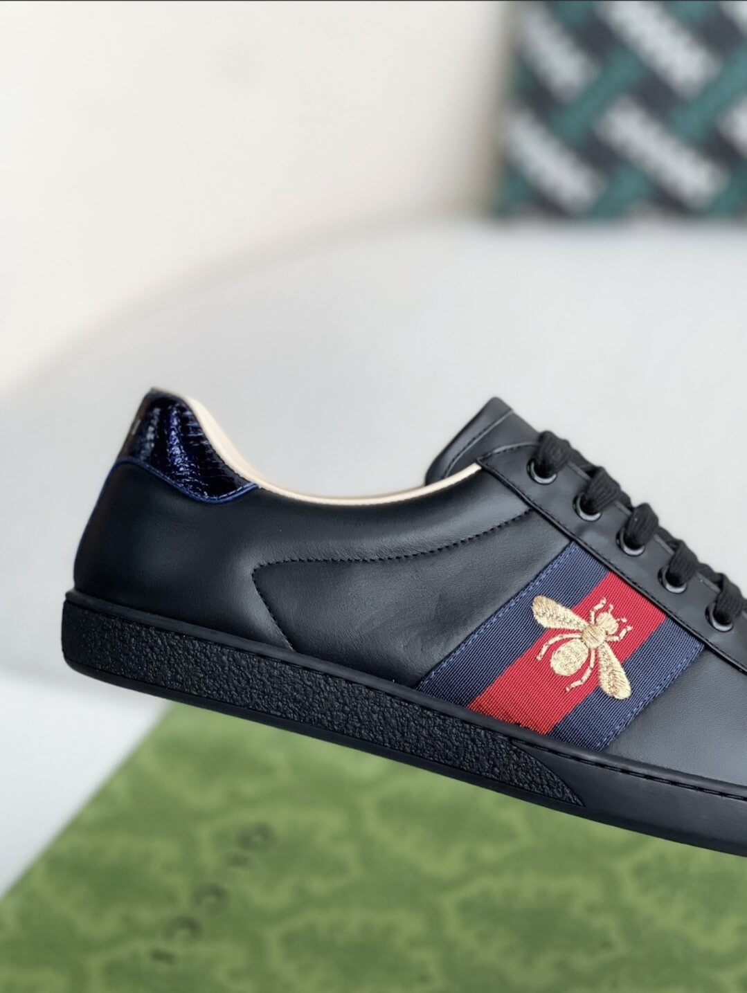 Gucci Ace Sneaker Black Leather with Web Stripe and Bee Embroidery