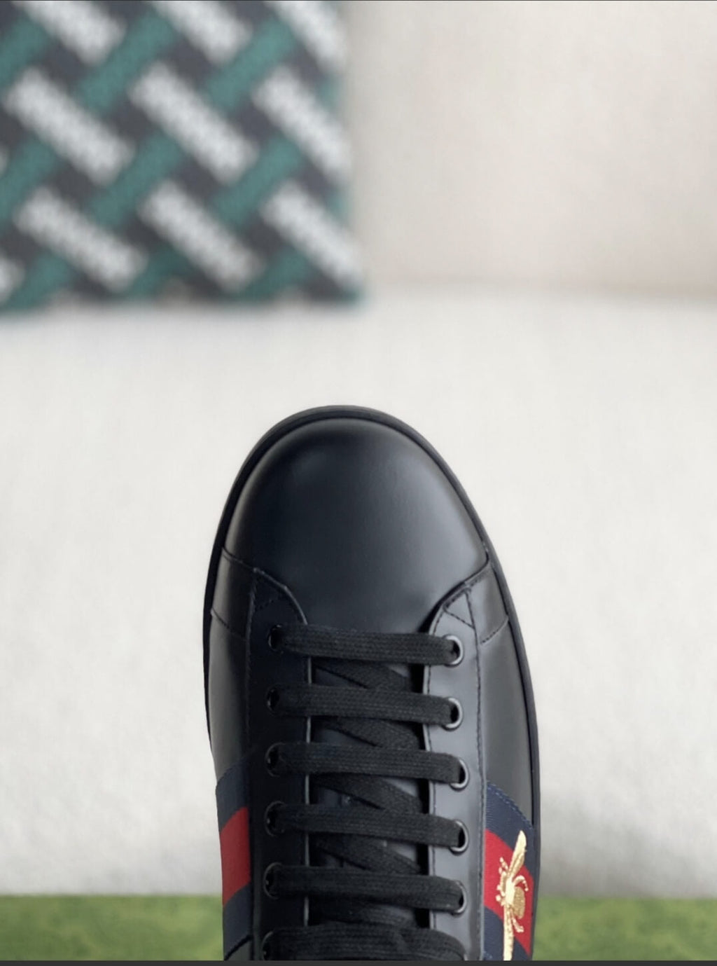 Gucci Ace Sneaker Black Leather with Web Stripe and Bee Embroidery