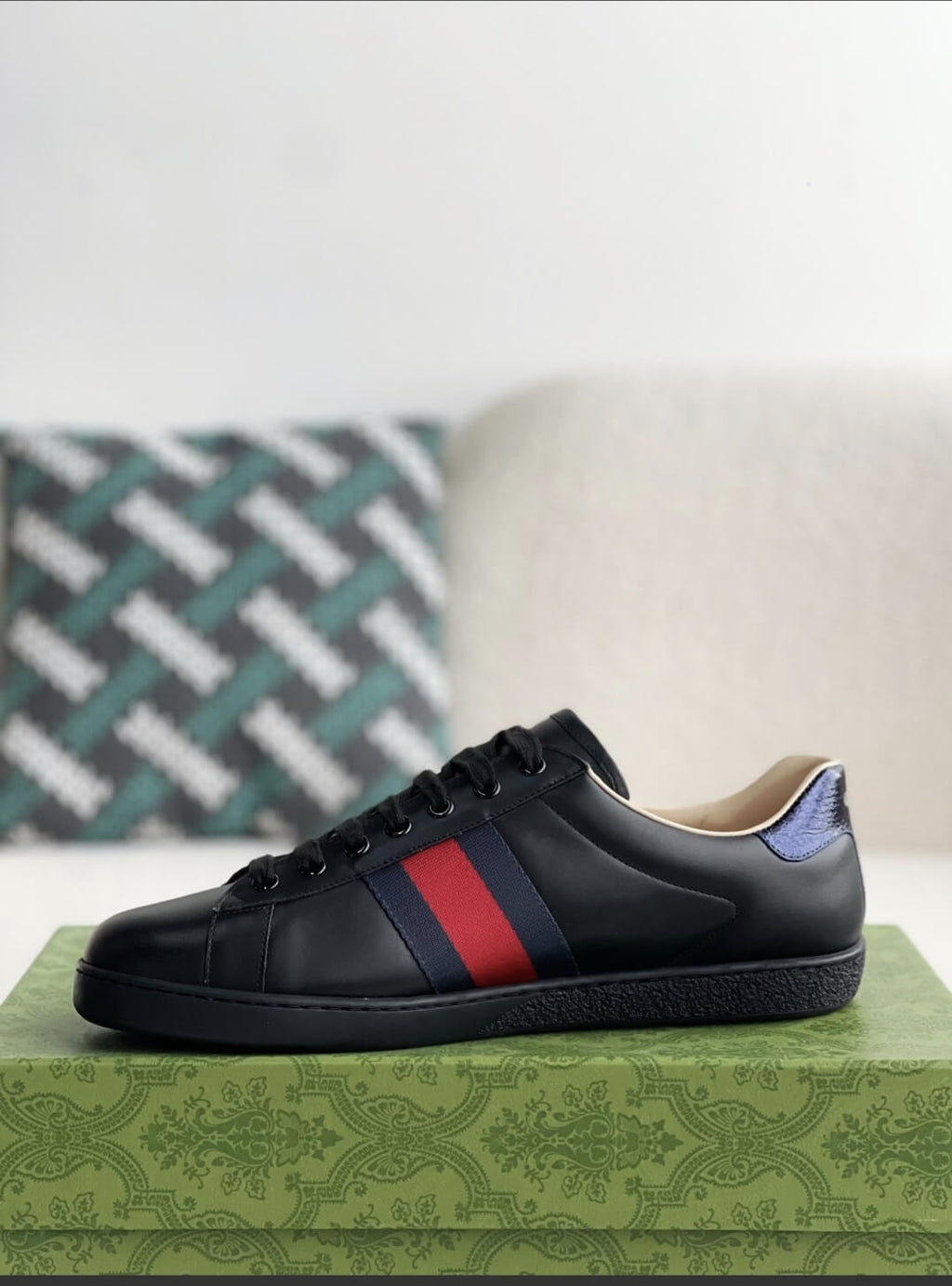 Gucci Ace Sneaker Black Leather with Web Stripe and Bee Embroidery