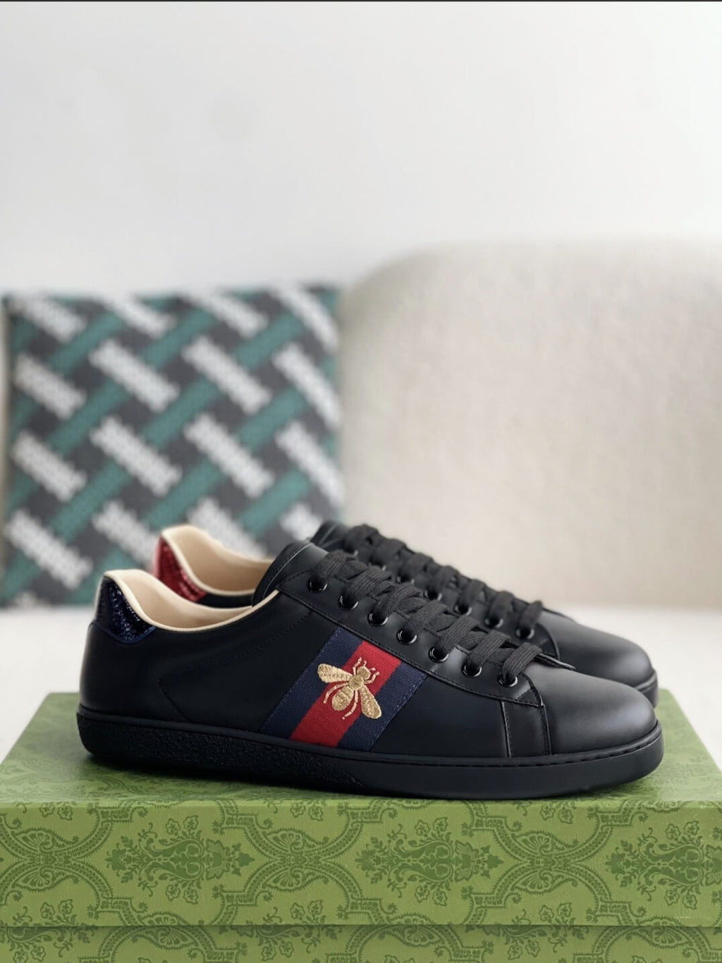 Gucci Ace Sneaker Black Leather with Web Stripe and Bee Embroidery