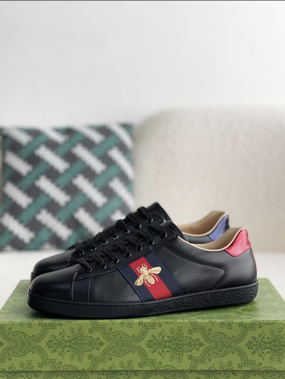 Gucci Ace Sneaker Black Leather with Web Stripe and Bee Embroidery