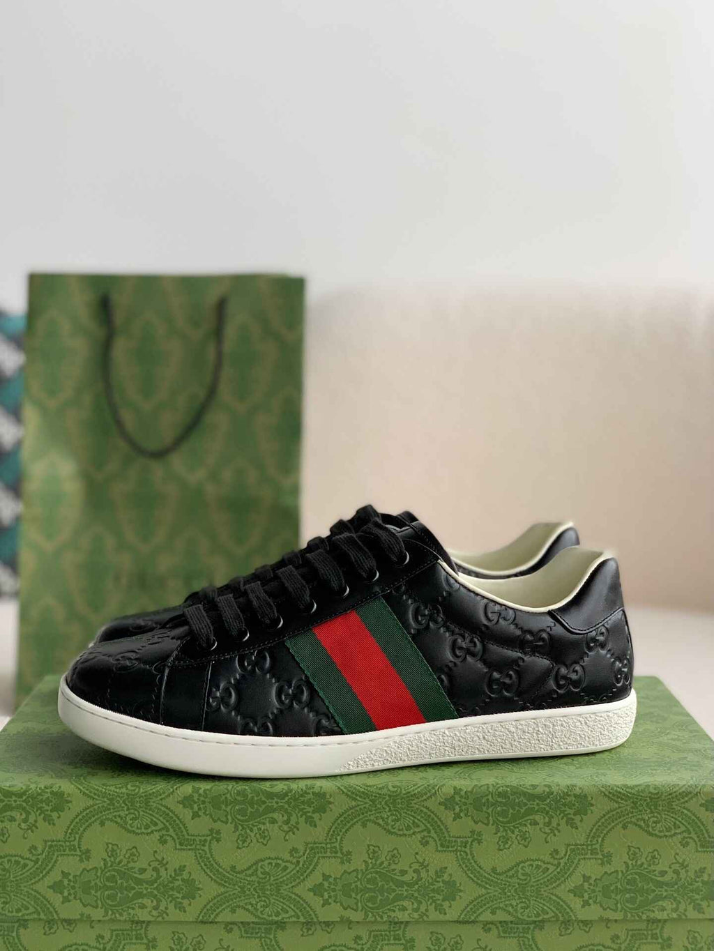 Gucci Ace Sneaker – Black GG Embossed Leather with Green & Red Web