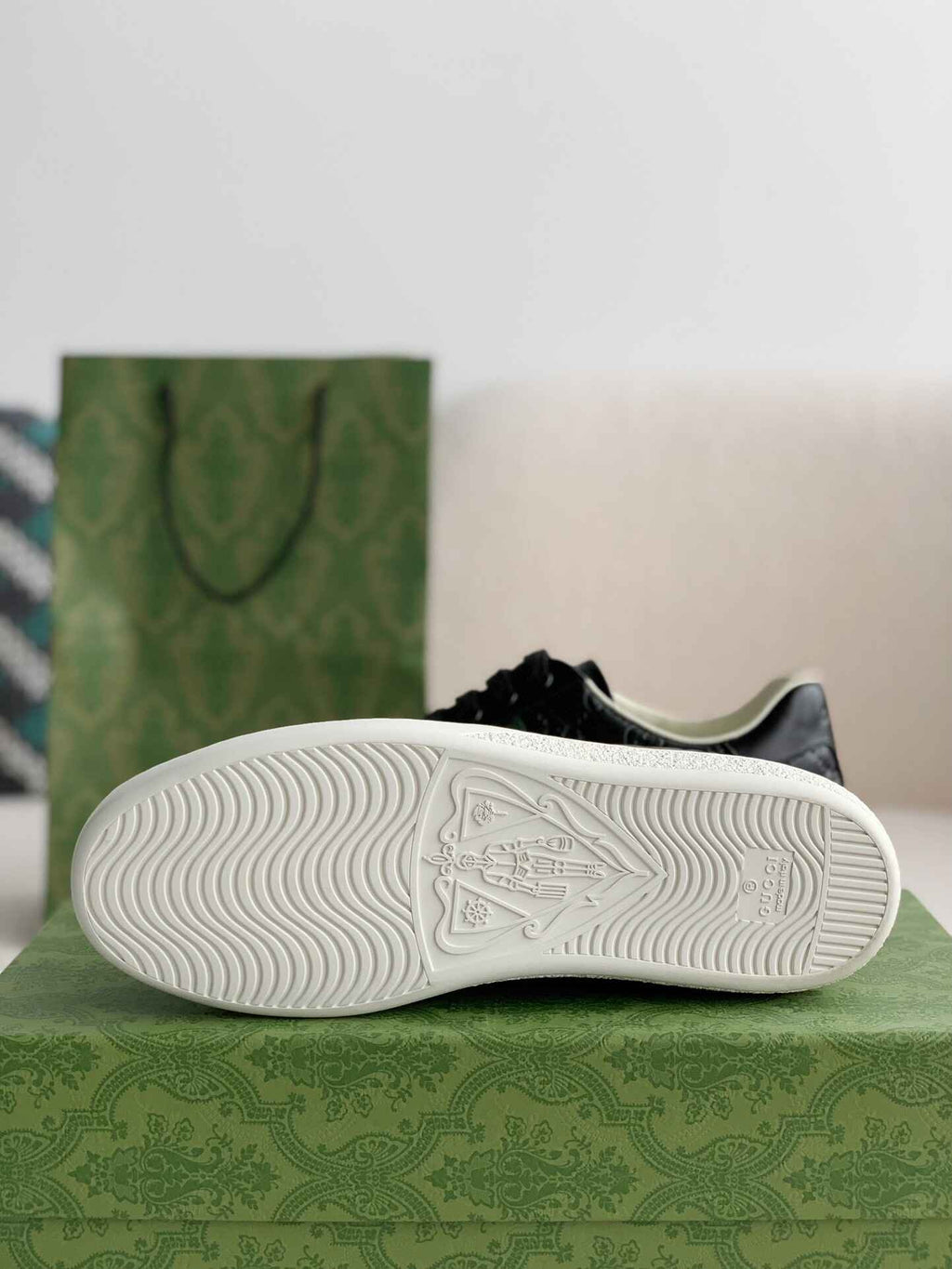 Gucci Ace Sneaker – Black GG Embossed Leather with Green & Red Web