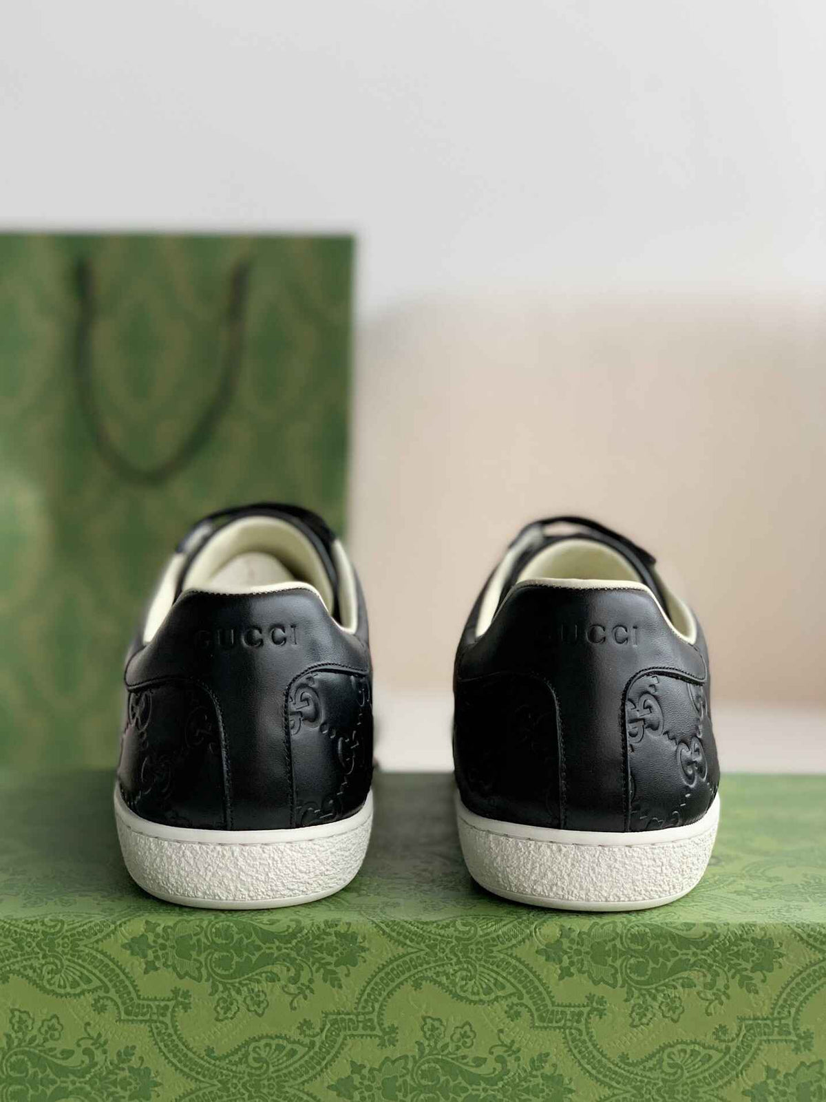 Gucci Ace Sneaker – Black GG Embossed Leather with Green & Red Web