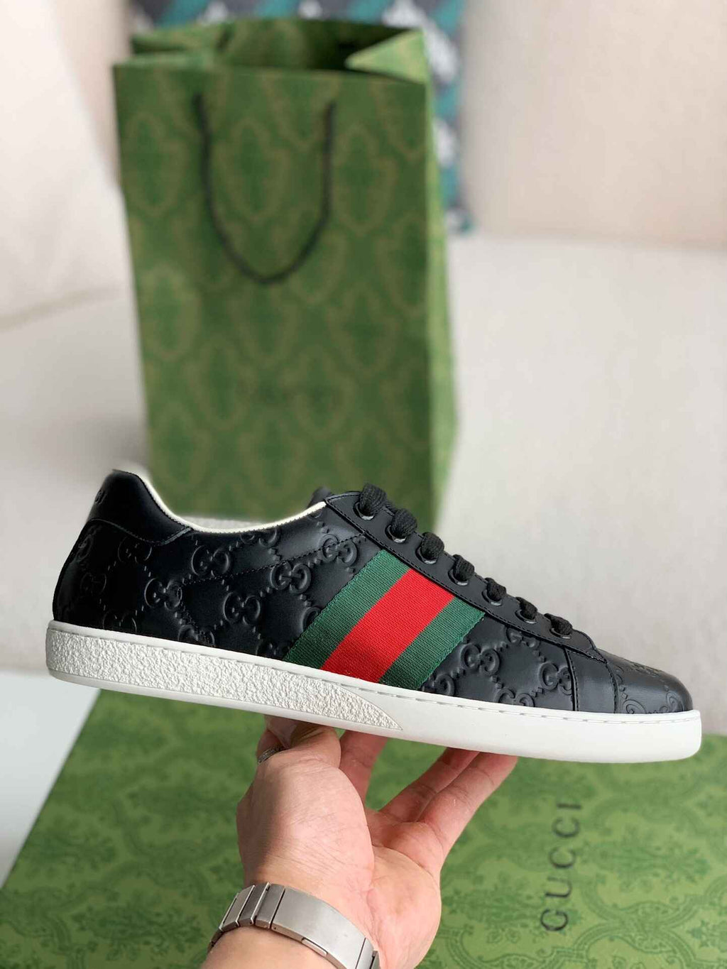Gucci Ace Sneaker – Black GG Embossed Leather with Green & Red Web
