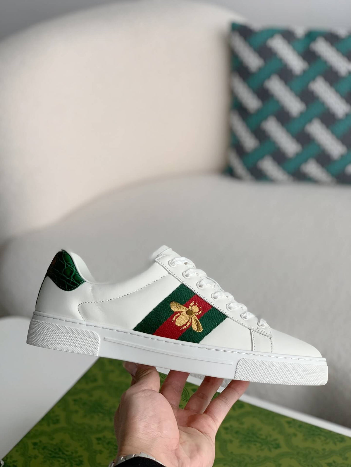 Gucci Ace Sneaker White Leather with Web Stripe and Bee Embroidery