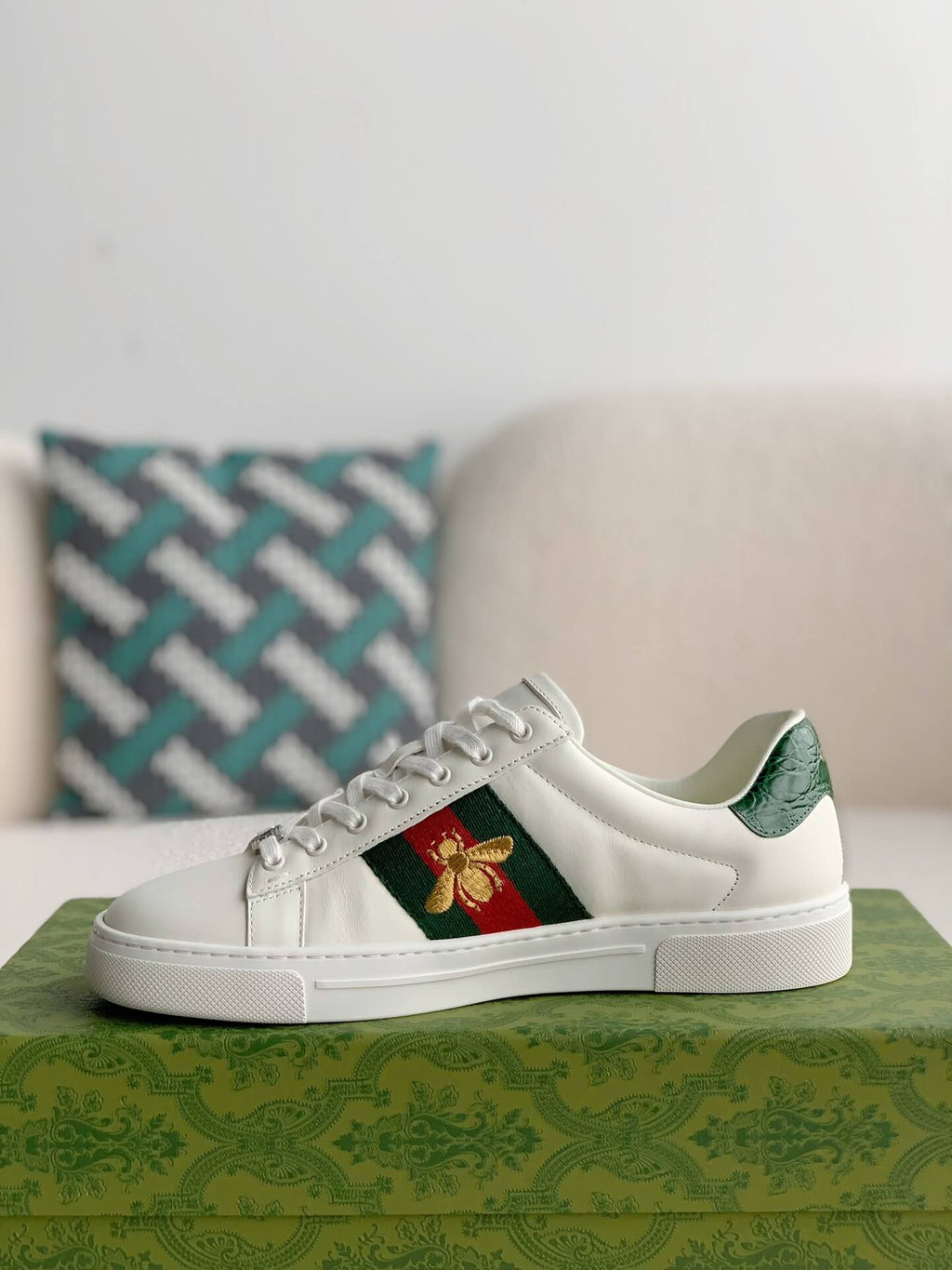 Gucci Ace Sneaker White Leather with Web Stripe and Bee Embroidery