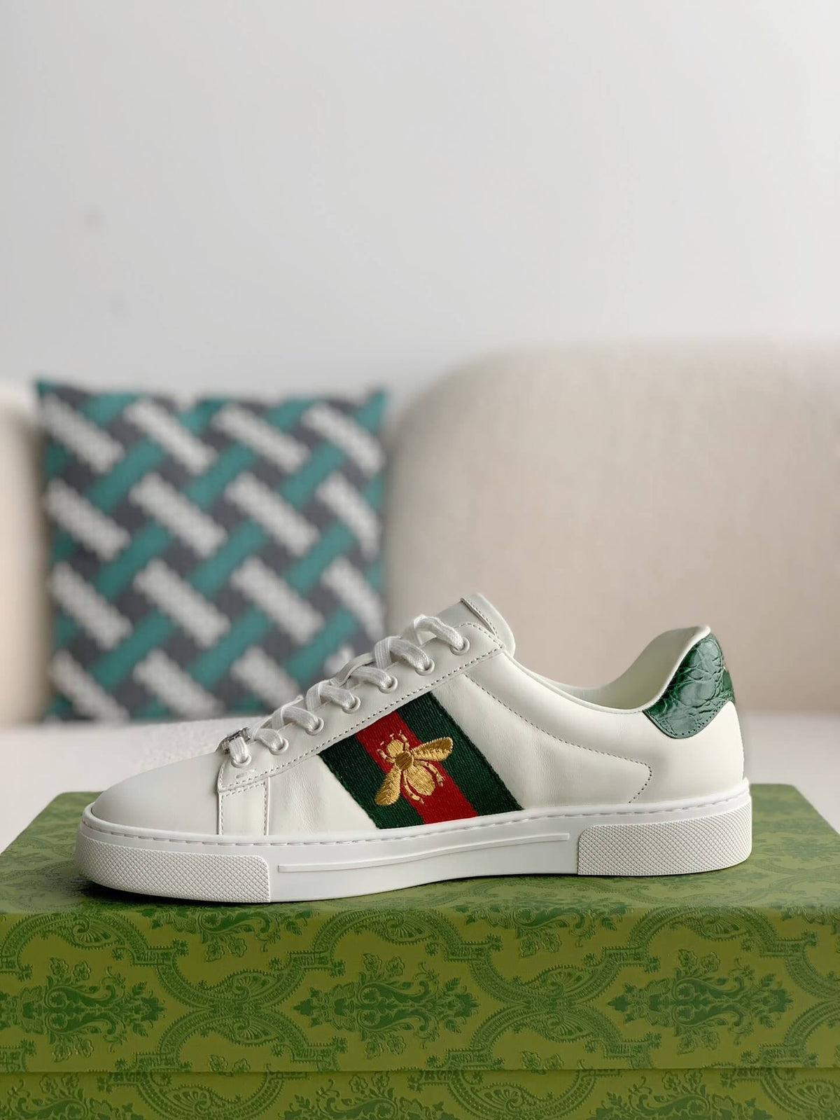 Gucci Ace Sneaker White Leather with Web Stripe and Bee Embroidery