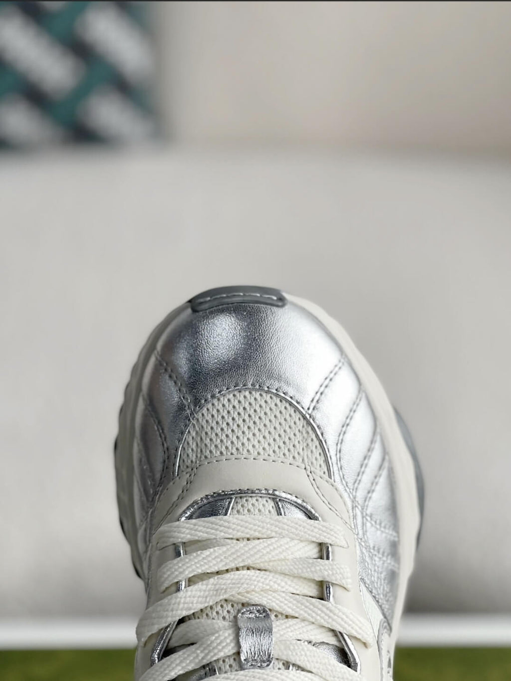 Gucci GG Runner Sneaker – Metallic Silver Leather & White Mesh