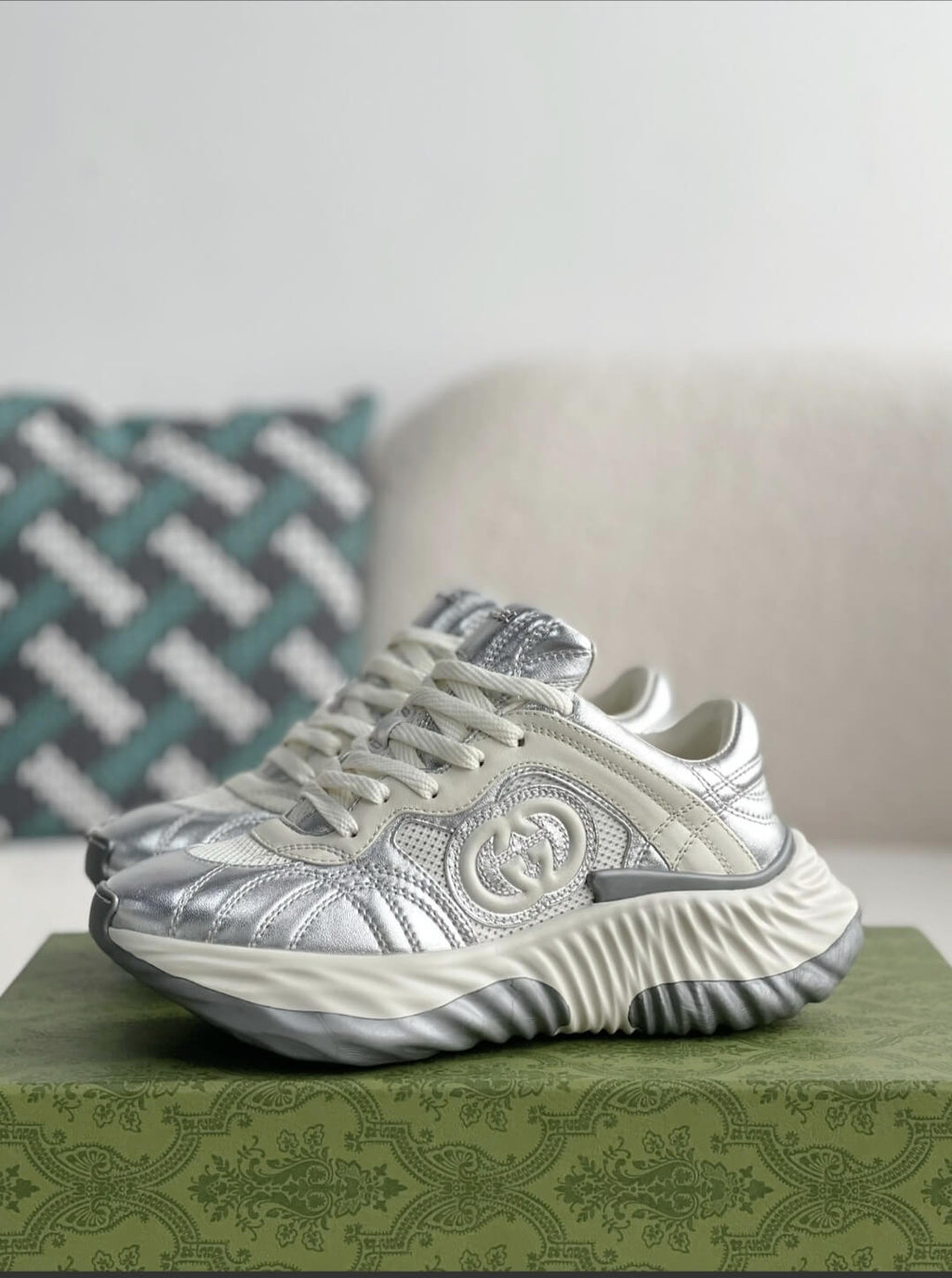 Gucci GG Runner Sneaker – Metallic Silver Leather & White Mesh