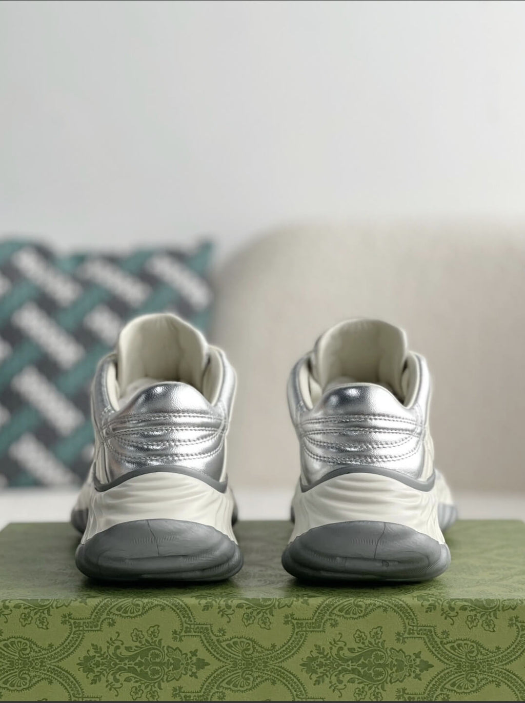 Gucci GG Runner Sneaker – Metallic Silver Leather & White Mesh