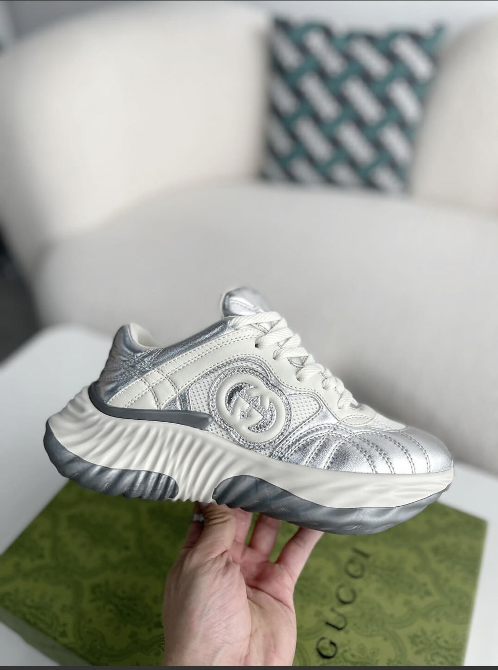 Gucci GG Runner Sneaker – Metallic Silver Leather & White Mesh