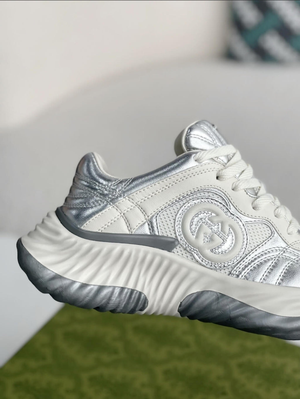 Gucci GG Runner Sneaker – Metallic Silver Leather & White Mesh
