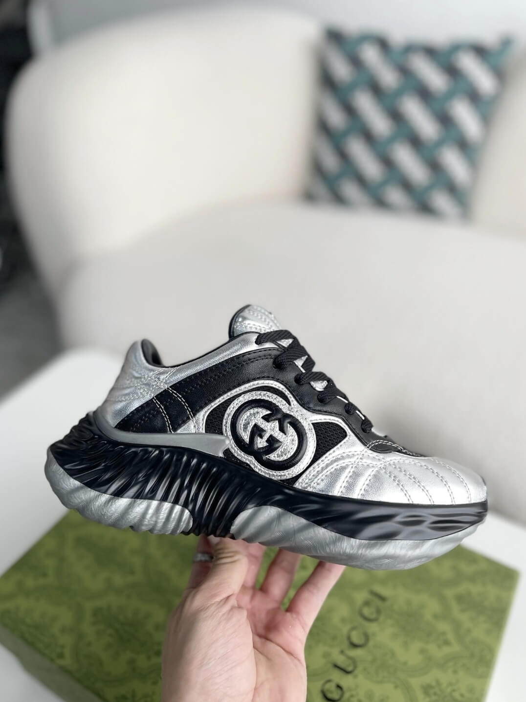 Gucci GG Runner Sneaker – Silver Metallic & Black Leather
