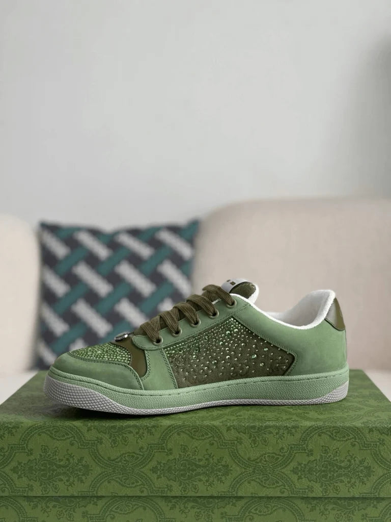 Gucci Low-Top Sneaker – Green Suede & Crystal GG Canvas