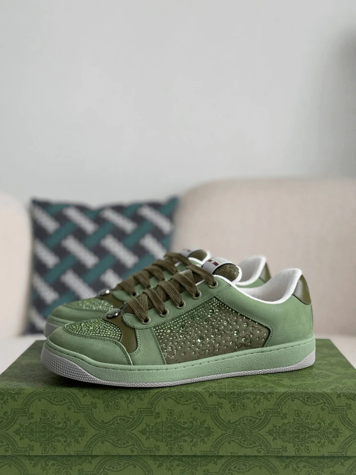 Gucci Low-Top Sneaker – Green Suede & Crystal GG Canvas