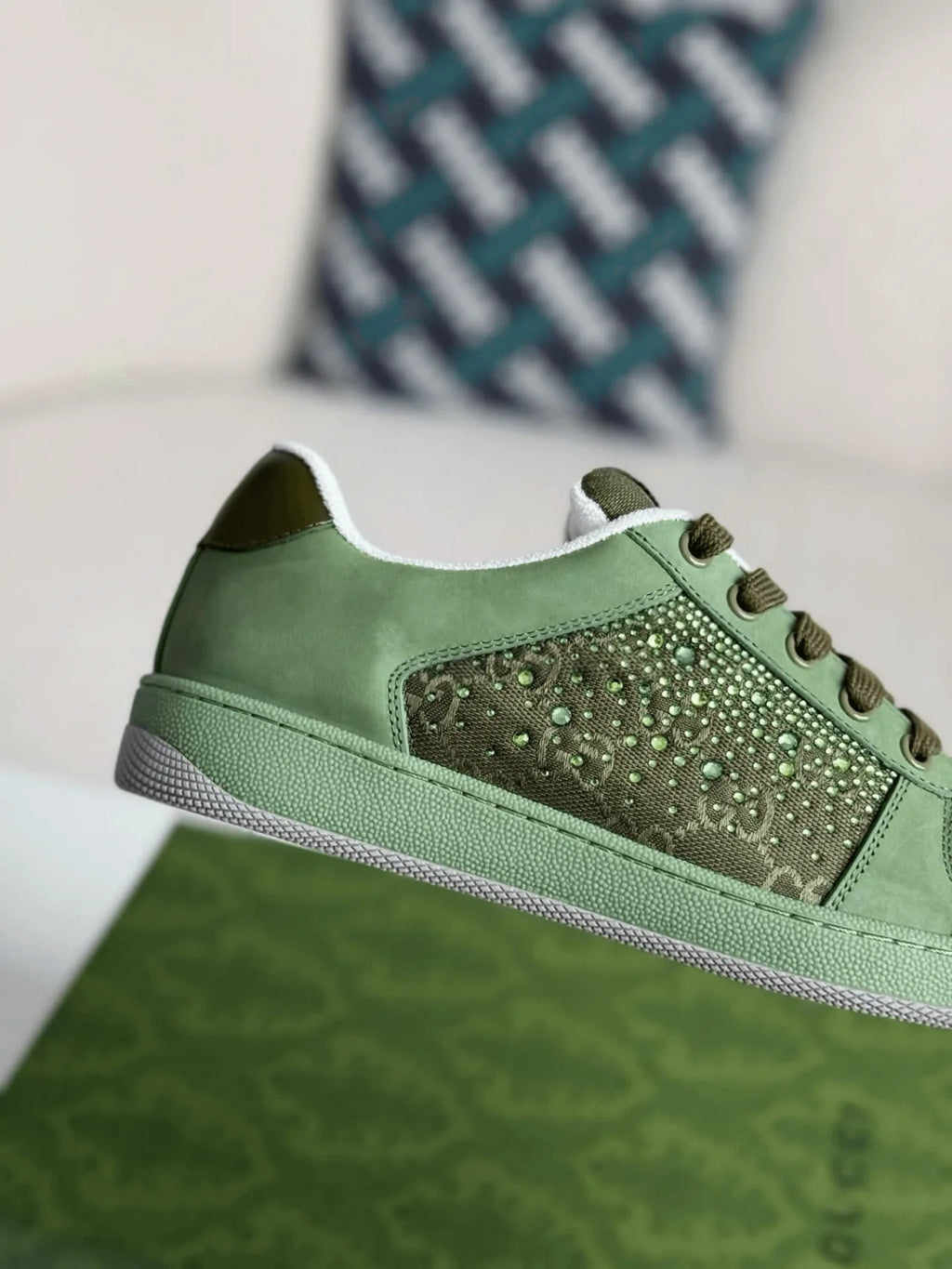 Gucci Low-Top Sneaker – Green Suede & Crystal GG Canvas