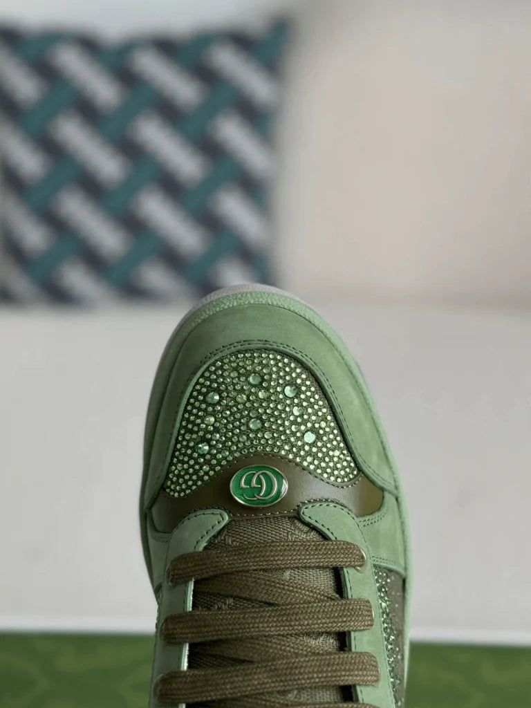 Gucci Low-Top Sneaker – Green Suede & Crystal GG Canvas