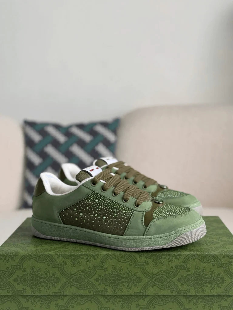 Gucci Low-Top Sneaker – Green Suede & Crystal GG Canvas