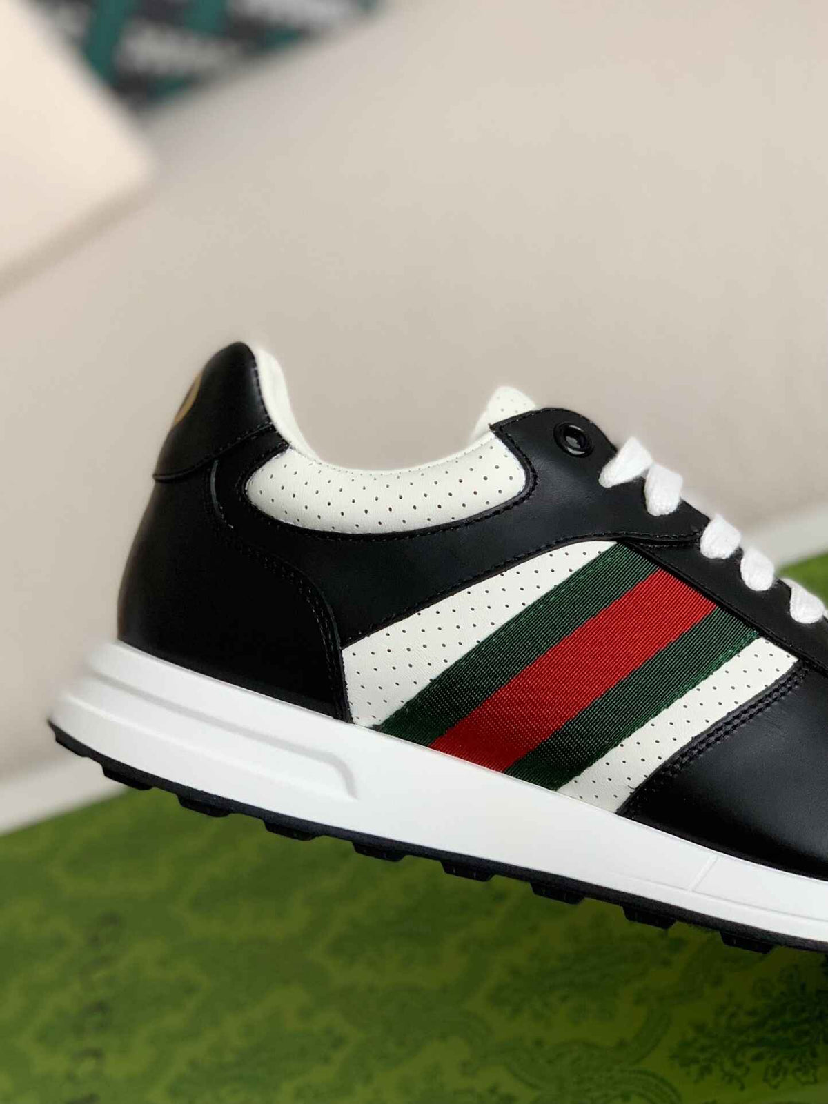 Gucci Mac80 Sneaker – Black & White Leather with Green/Red Web