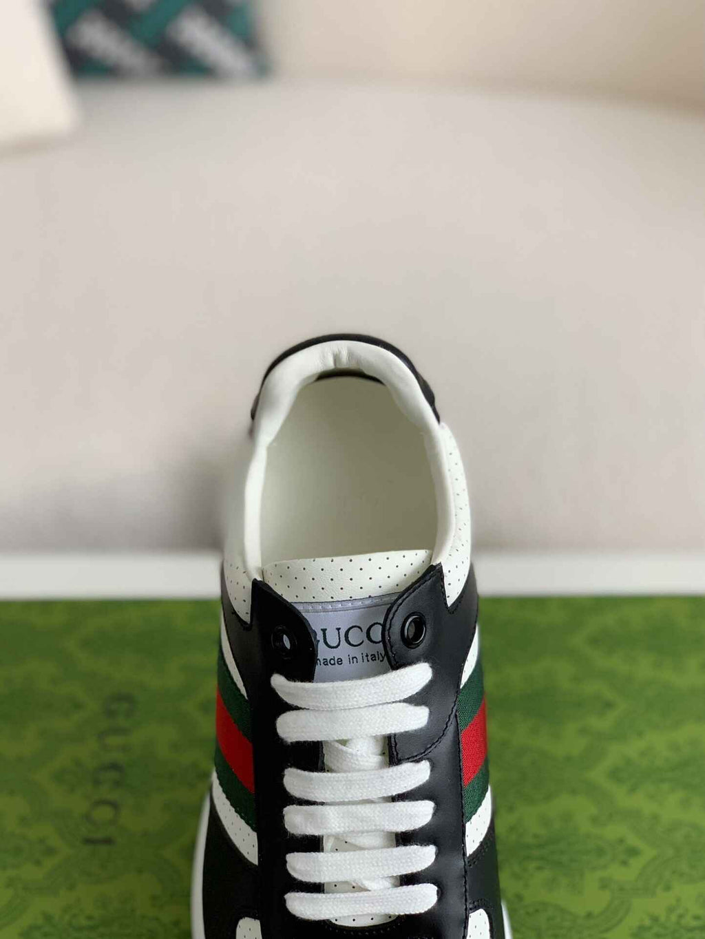 Gucci Mac80 Sneaker – Black & White Leather with Green/Red Web