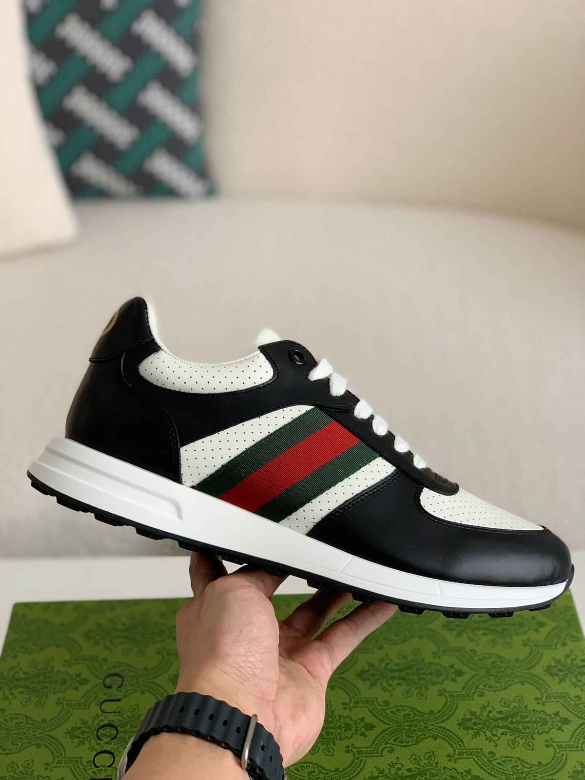 Gucci Mac80 Sneaker – Black & White Leather with Green/Red Web