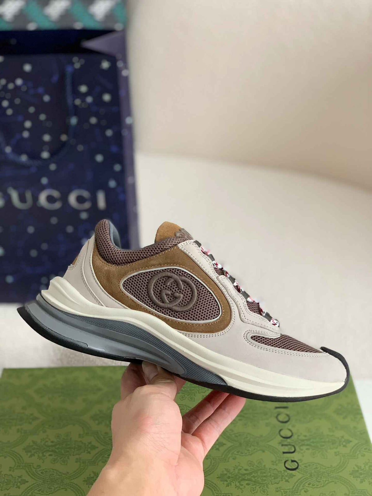 Gucci Men's Runner Sneaker – Beige, Brown & Grey Mesh Leather