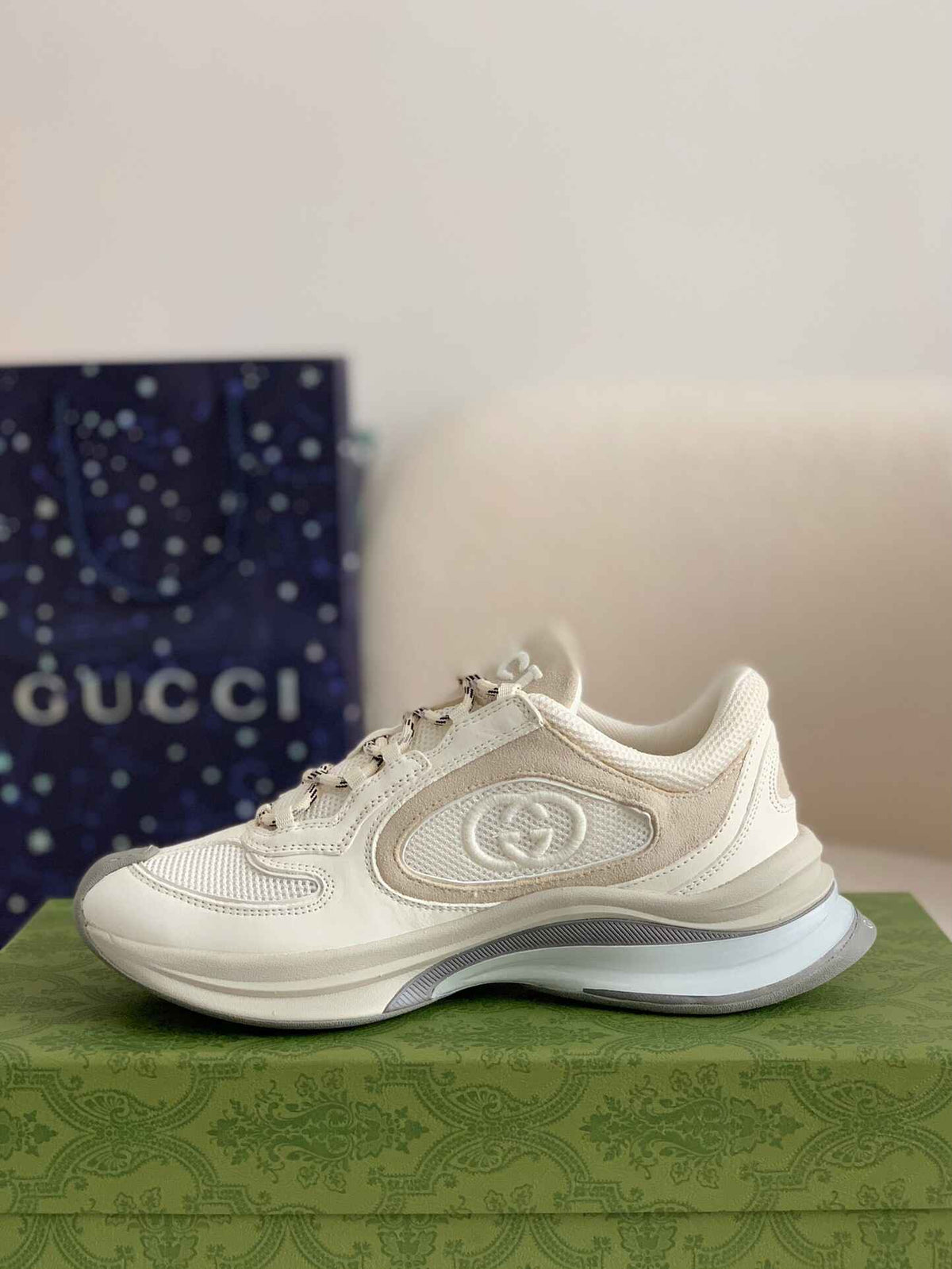 Gucci Men's Runner Sneaker – White & Grey Mesh Leath